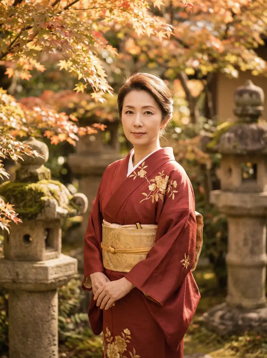 一位身穿暗红色和服的优雅 幼水铃衣 在日式庭院中